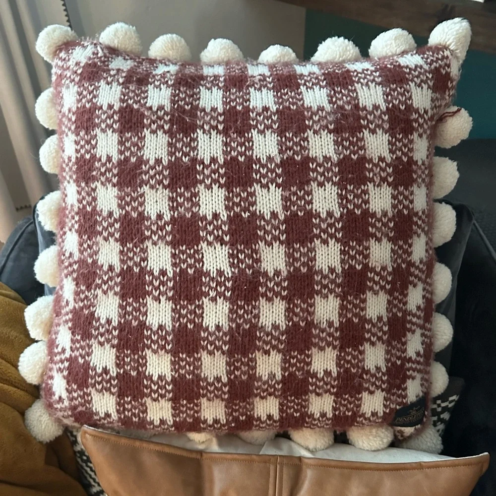 Pendleton Decorative Accent Throw Pillow Burnt Orange Knit Checkered Feather